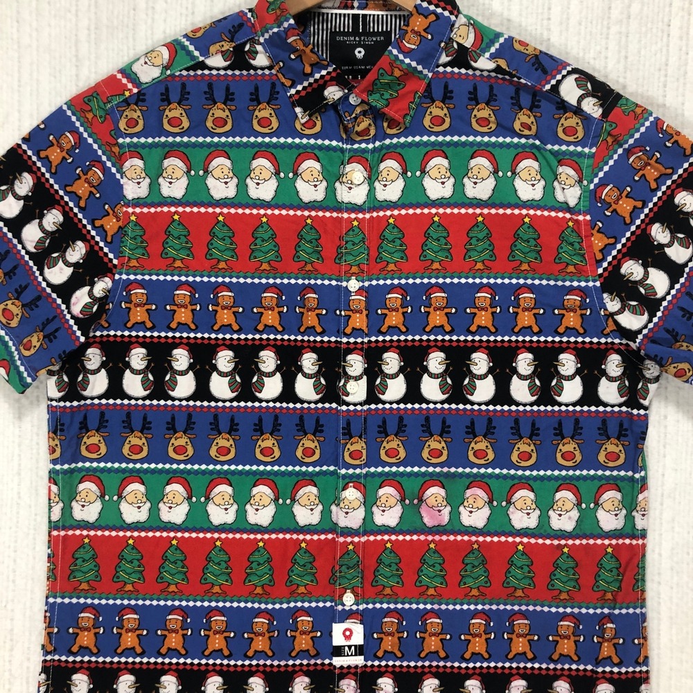 Denim & Flower Ricky Singh Medium Christmas Holiday Short Sleeve Button Down